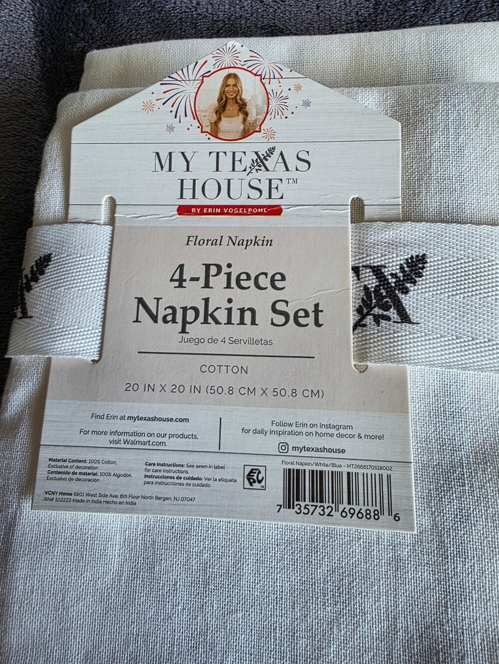 2 sets of 4 New my Texas House Blue White Floral Cotton Cloth Napkins 20 x 20" - Picture 4 of 9